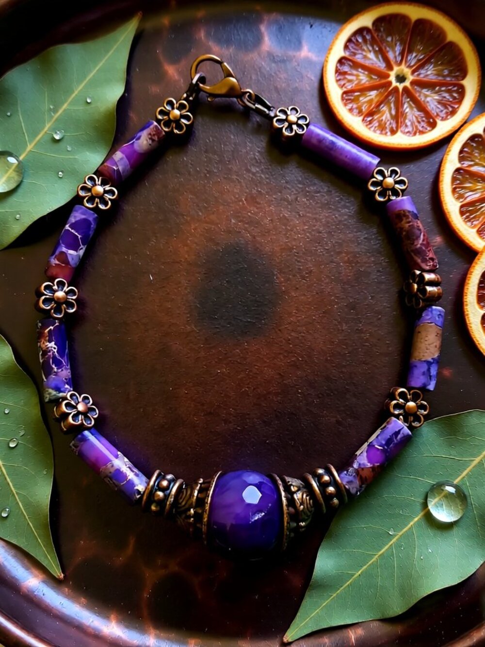 Purple Sea Sediment Jasper + Agate Bracelet - Slim-Line Boho Chic Gypsy Bracelet - Picture 3 of 9